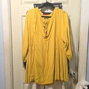 FREE PEOPLE Mustard Tunic Blouse Peasant Tie Front Baby Doll Dress Women XS EUC